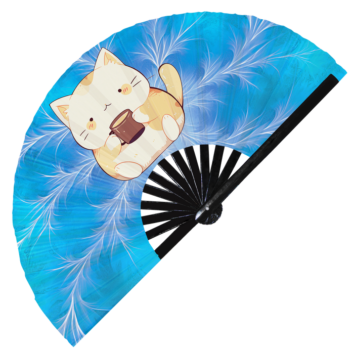 Cute Cat Drinking Coffee Bamboo Hand Fan 1