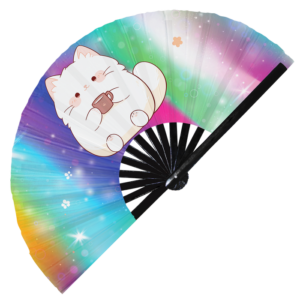 Cute Cat Drinking Coffee Bamboo Hand Fan 4