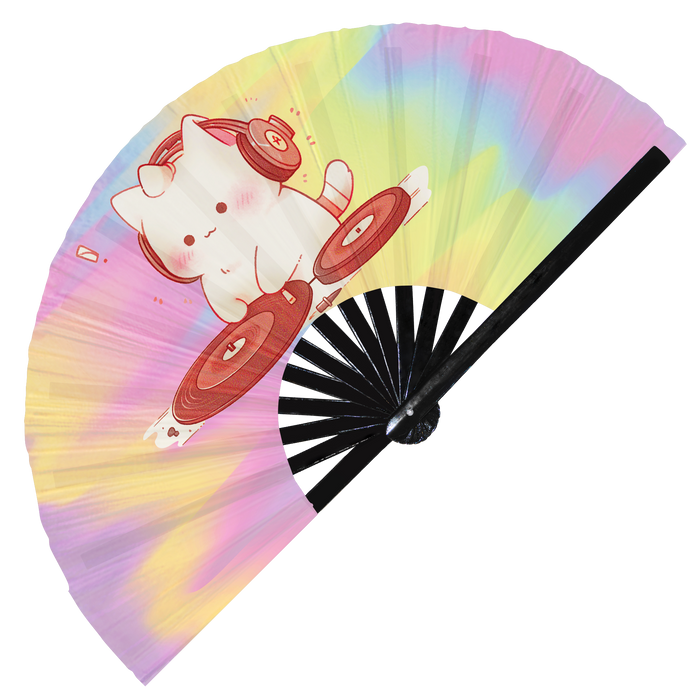 Cute Dj Cat Bamboo Hand Fan 1