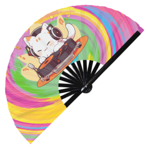 Cute Dj Cat Bamboo Hand Fan 2