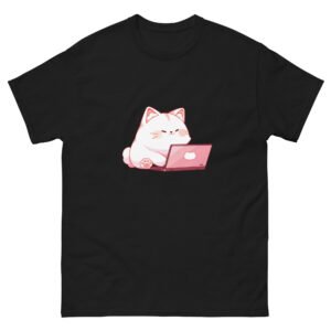 Adorable Working Cat Shirt – Cartoon Kitty Typing on Laptop Tee - Unisex classic tee