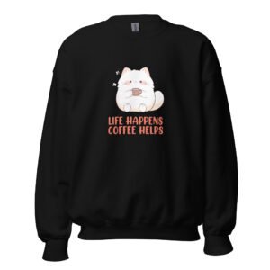 Life Happens Coffee Helps - Sleepy Cat with Coffee Mug Sweatshirt - Unisex Sweatshirt
