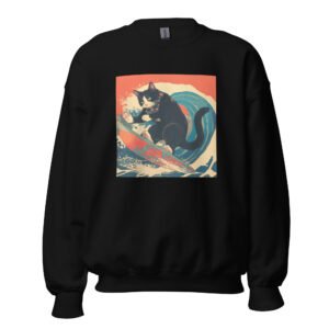 Kawaii Samurai Cat Riding Waves – Japanese Style Unisex Sweatshirt - Unisex Sweatshirt