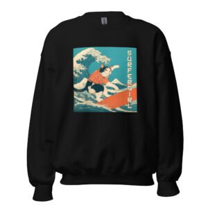 Surfer Girl Cat in Yukata – Vintage Japanese Art Unisex Pullover - Unisex Sweatshirt