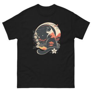 Japanese Cat Art - Minimalist Sunset Cat with Sakura Flowers - Unisex classic tee