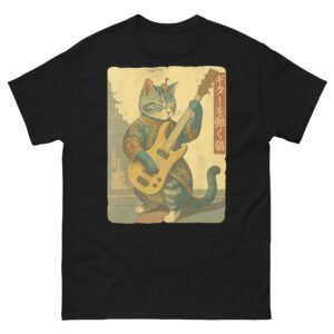 Retro Japanese Cat – Funny Samurai Cat Playing Guitar Graphic Tee, Retro Vintage Cat Lover Gift - Unisex classic tee