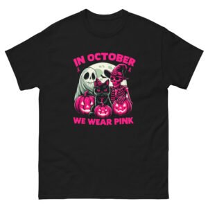 Pink Halloween Cat - In October We Wear Pink Cat Lover Graphic Tee - Unisex classic tee